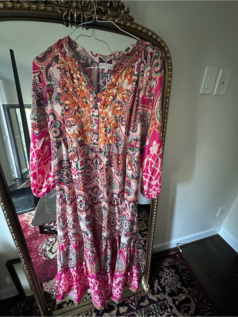 Boho Paisley Pink & Orange Floral Midi Dress